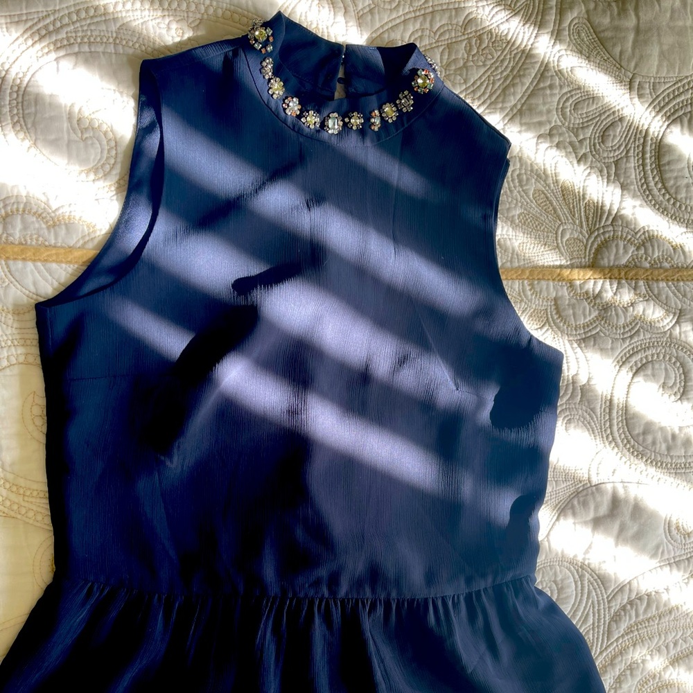 J Crew Chiffon embellished neck peplum blouse navy blue size XS